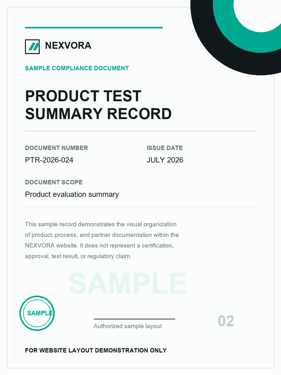 Sample product test summary record
