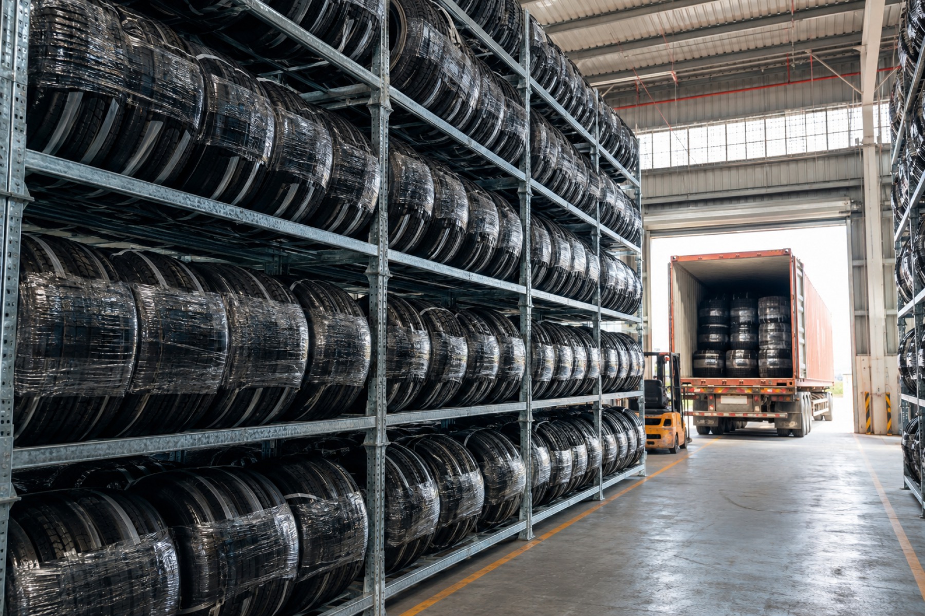 Commercial tires prepared for international container loading