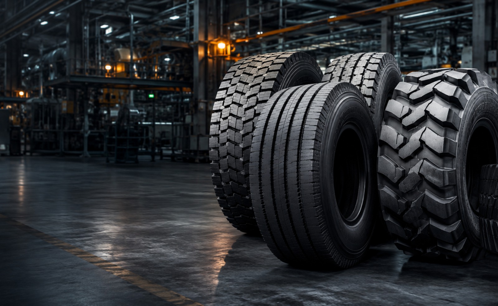 Commercial and industrial rubber tires on a precision manufacturing floor