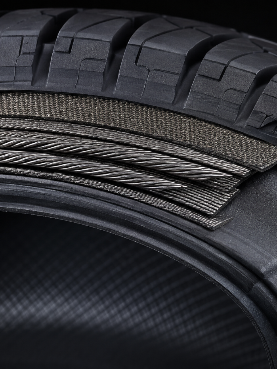 Steel cord and rubber construction detail for material traceability