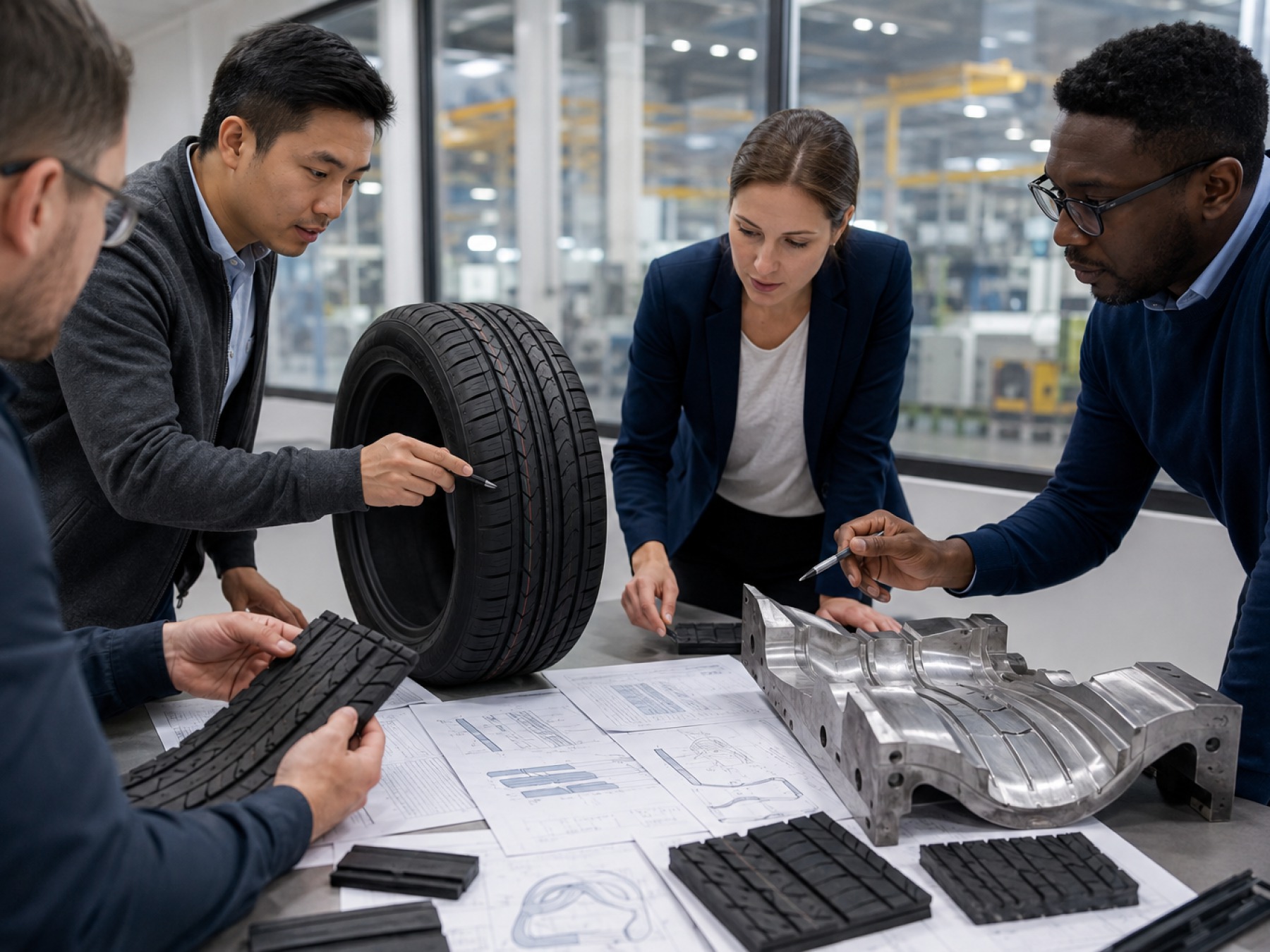 Engineers reviewing tire tread, mold tooling, and compound samples