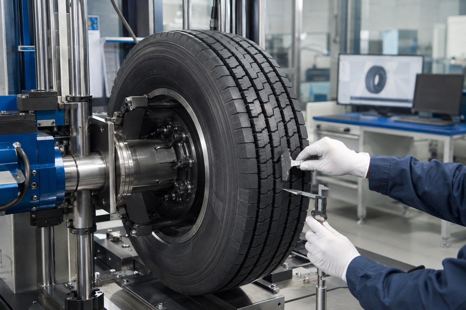 Commercial tire inspected on laboratory measurement equipment