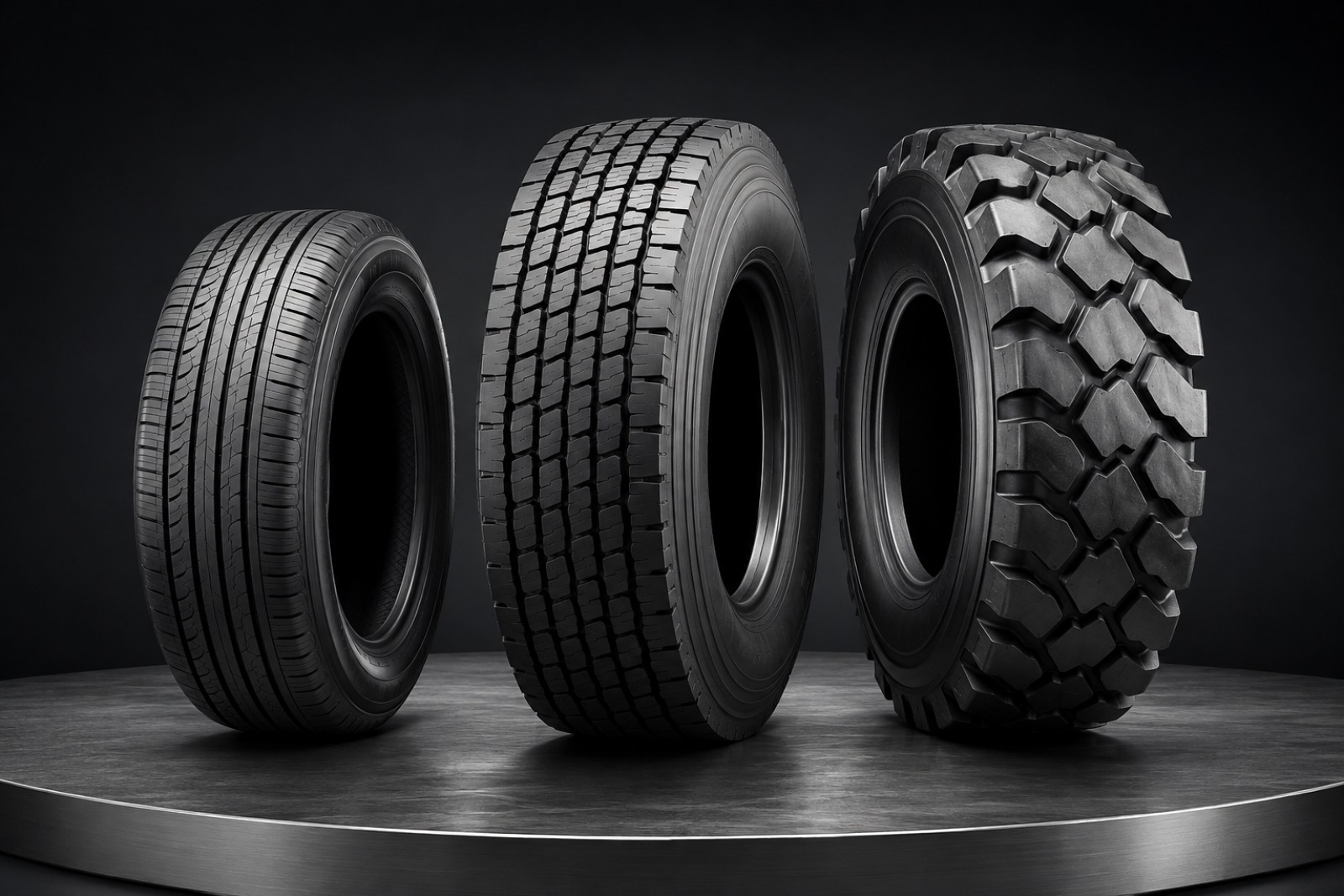 Passenger, truck, and industrial radial tires in a premium studio setting