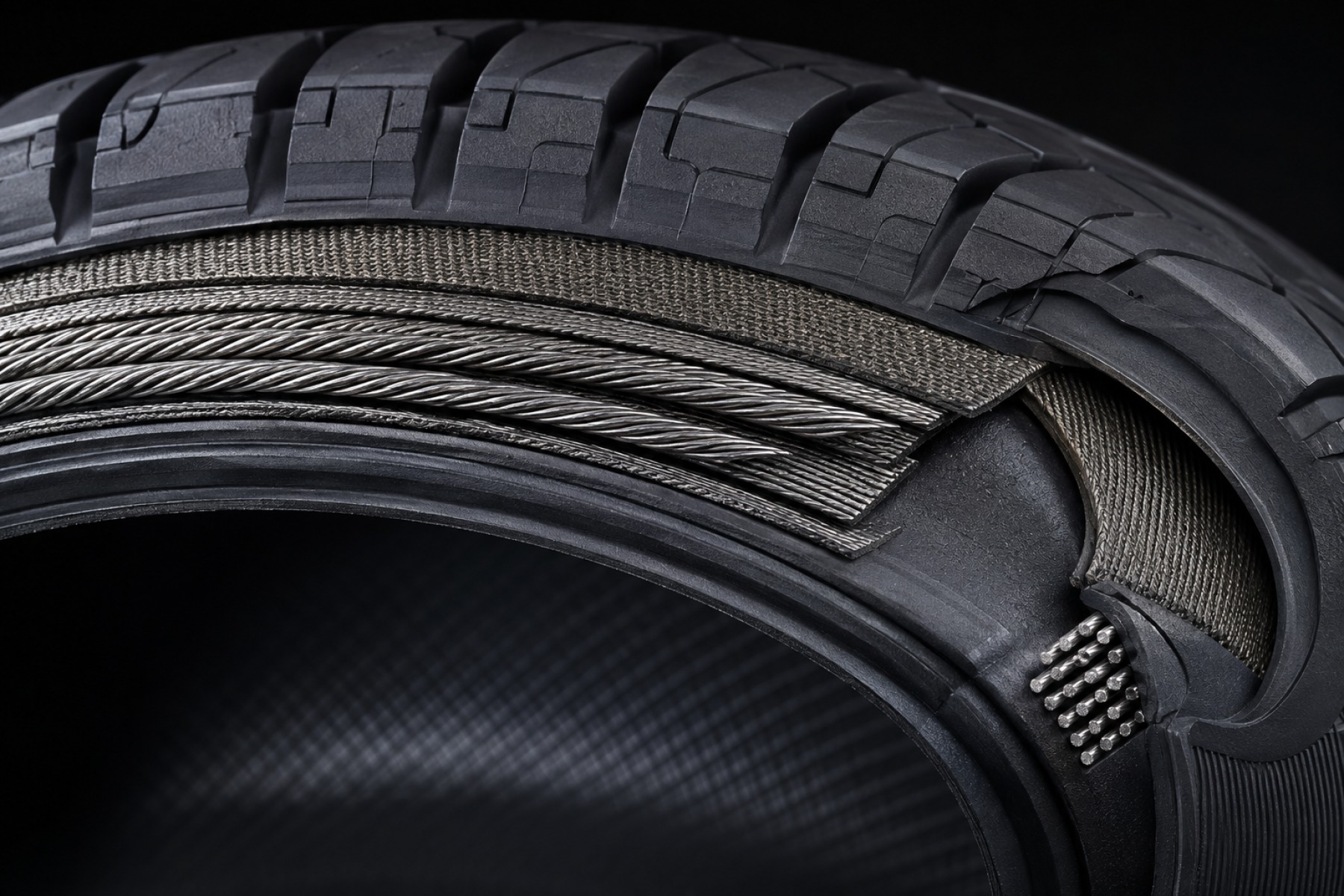 Macro detail of precision tire tread and steel reinforcement