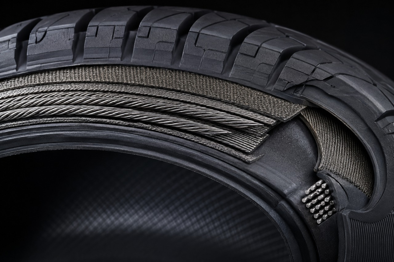 Macro view of steel belts, textile cords, bead wire, and rubber tread construction