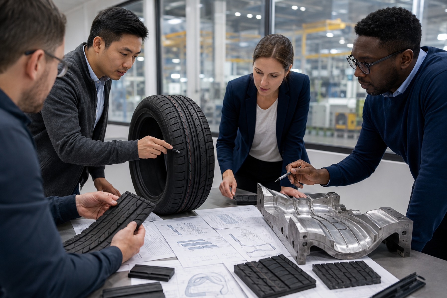 Professional team evaluating tire specifications and tread samples